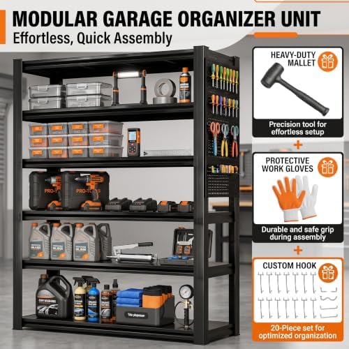 Garage Shelving, 5 Tier Heavy Duty Storage Shelves with Pegboard