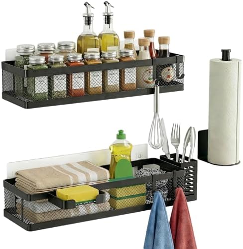 PUSDON 5-in-1 16.5" Extra Long Slim Wall Mount Wrapped Mesh Kitchen Organizer & Shower Caddy Kit, with Paper Towel Holder, Utensil Holder, Soap Dish, Holds 50LBS - Matte Black, Netting