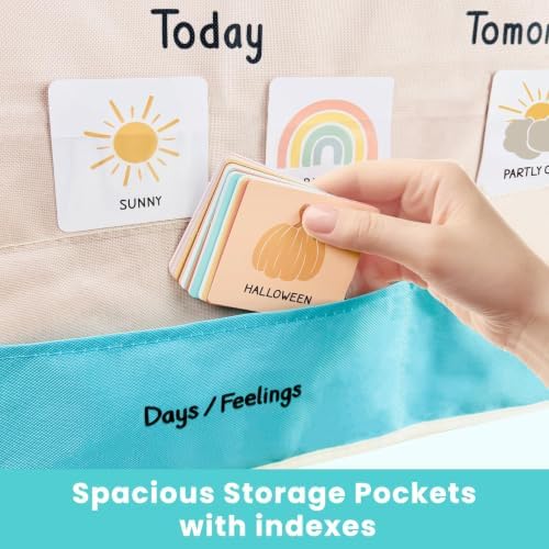 Classroom Boho Calendar & Weather Pocket Chart with 111 Cards, Circle Time Learning Center for Kids and Toddler, Preschool Must Haves!