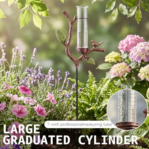 Outdoor Rain Gauge with Metal Branch Stake - 7" Freeze-Proof Water Measuring Tube - Metal Rain Measure Tool - Gardening Gifts for Women - Decorative Rainfall Tracker for Garden Yard & Lawn Decor
