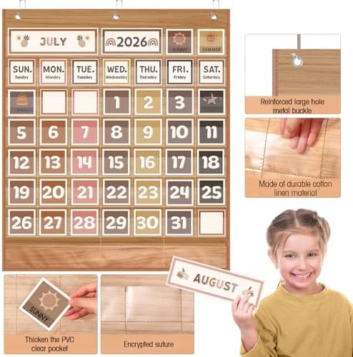 Sinload Classroom Calendar Pocket Chart Wood Color, Neutral Boho