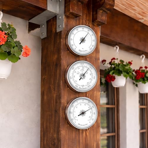 Analog Weather Station Barometer 3-in-1 Set, Silver Dial Type Traditional Barometers Hygrometer Thermometer, -30–50°C, Air Pressure Temperature Humidity Gauge 950 to 1070hPa, No Batteries Required