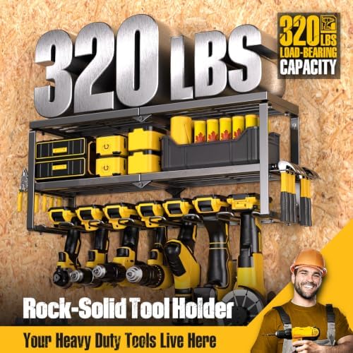 Spampur Power Tool Organizer for Tool Storage, Drill Holder Wall Mount with Screwdriver Organizer, Tool Holder for Garage Wall Organization, Heavy Duty Metal Tool Shelf with Battery Holder