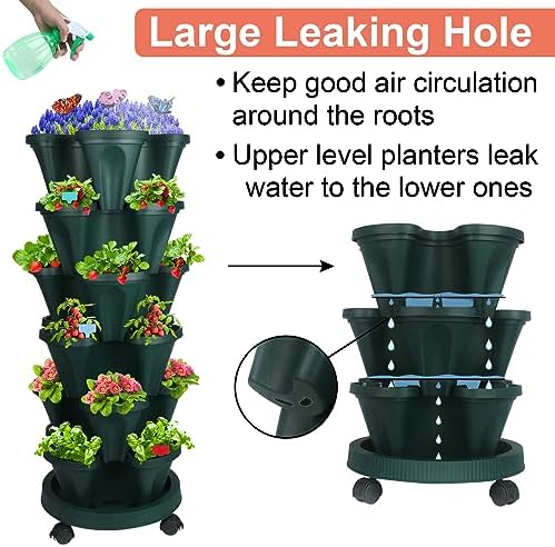 GameXcel Vertical Planter Tower - 6 Tier Stackable Garden Planters with Wheels and Garden Tool Set Plant Pots for Strawberry Herb Flower and Vegetable Indoor Outdoor Use Green
