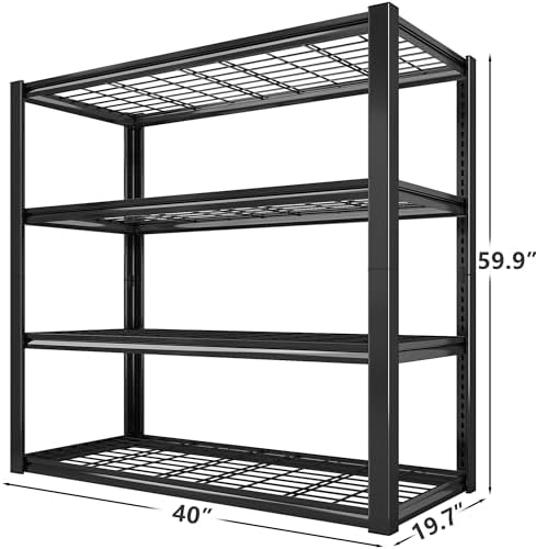 40" W Heavy Duty Garage Shelving Unit Load 2200Lbs, 4-Tier Reinforced Metal Storage Shelves, Adjustable Storage Rack for Garage Basement Warehouse Pantry Kitchen, 40"W x 19.7"D x 59.9"H, Black, 2PC