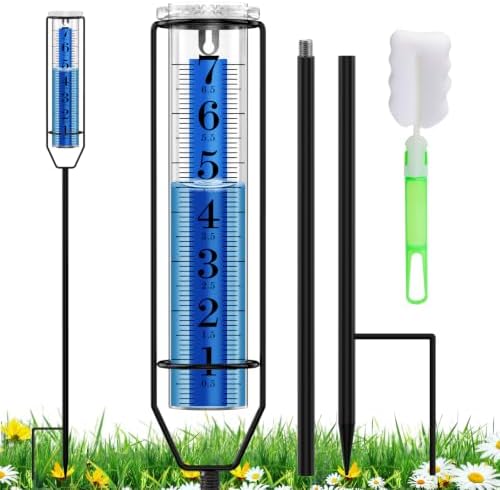 BoArt Rain Gauge, 7" Freeze-Proof Thickened Transparent Plastic Rain Gauge Outdoor, Large Clear Numbers and Adjustable Height Rain Measuring Tool for Garden, Lawn, Patio, and Farm Use
