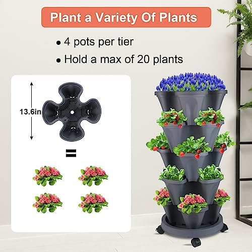 DUNCHATY Stackable Planter, Vertical Garden Planter with Wheels and Tools, Self Watering Strawberry Indoor/Outdoor 5 Tier Tower Herb for Growing Vegetables Succulents, Dark Gray