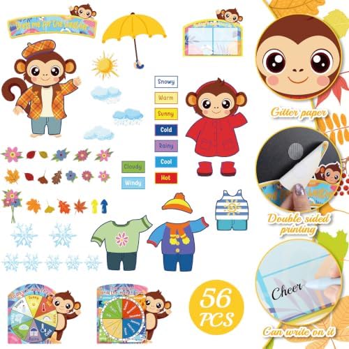 Ireer 56 Pieces Weather Bulletin Board Set for Preschool 12 x 8'' Animal Weather Chart for Classroom Dress up Seasonal Bulletin Board Cutout for Wall Blackboard Decorations(Monkey)