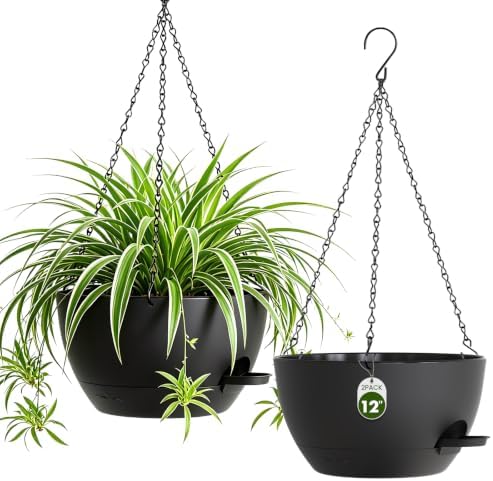 12 Inch Large Self Watering Hanging Planters 2 Pack with Saucers