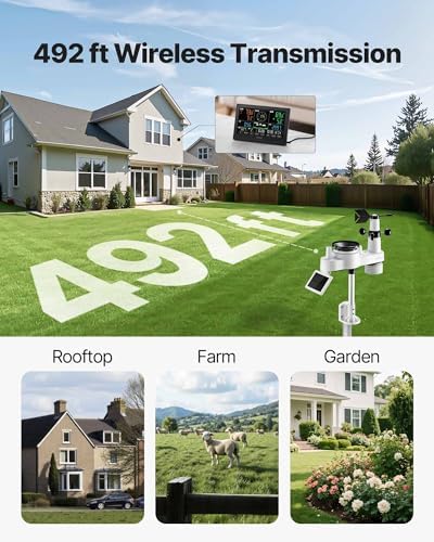 VEVOR 7-in-1 Wireless Weather Station, 7.5-Inch VA Display, Solar Powered Outdoor Sensor, Rain Gauge, Indoor Outdoor for Weather Forecast, Temperature, Humidity, Wind Speed and Direction (No WiFi)