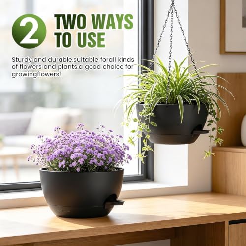 13 Inch Large Self Watering Hanging Planters 2 Pack with Saucers