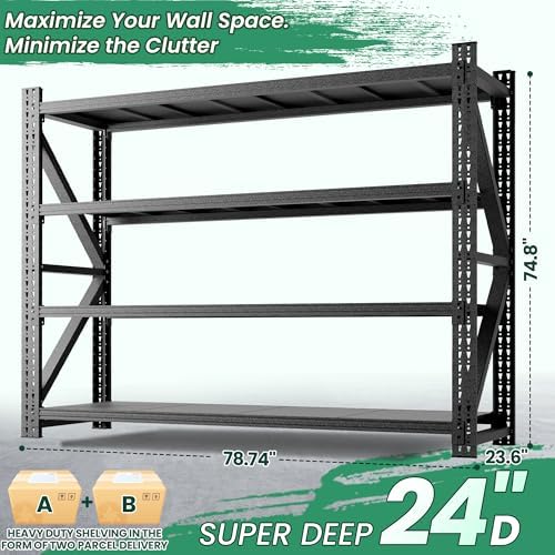 4-Tier Heavy Duty Garage Shelving,Industrial Shelving for Maximum Capacity,Garage Storage Racks Heavy Duty Steel Shelves,Ultra-Wide Metal Rack for 3‑Car Garages,Warehouses