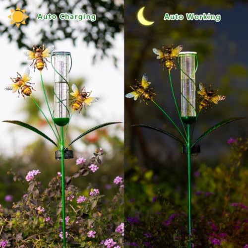 Solar Rain Gauge with 7-Inch Plastic Tube, Bee Decor