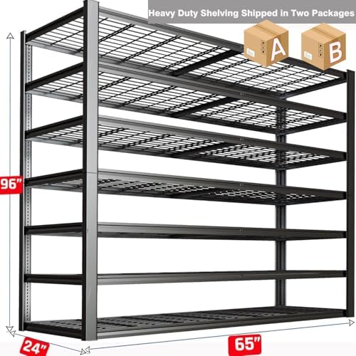 65" W Garage Shelving Heavy Duty, 7 Tier Garage Shelves, 65" W x 96" H x 24" D Adjustable Storage Shelving Unit, Commercial Metal Shelves for Warehouse, Basement,2 Pack