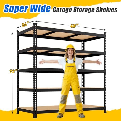 48" W x 24" D x 72" H Garage Shelving Heavy Duty: 5 Tier Metal Storage Shelves - Adjustable Shelving Unit, Utility Rack Shelf for Pantry, Warehouse, Office, Kitchen, Black, 4PCS
