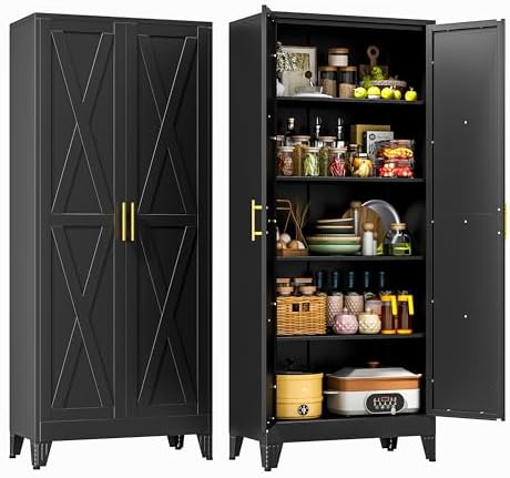 71" Metal Kitchen Pantry Storage Cabinet with 2 Doors and 4 Adjustable Shelves,Black Farmhouse Pantry Cabinet,Steel Garage Tool Cabinet Freestanding Cupboard for Kitchen,Dinning Living Room