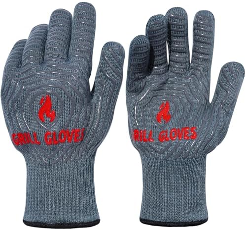 QUWIN BBQ Gloves, Oven Gloves 1472℉ Extreme Heat Resistant, Grilling Gloves Silicone Non-Slip Oven Mitts, Kitchen Gloves for BBQ, Grilling, Cooking, Baking-1 Pair… (Grey, One Size Fits Most)