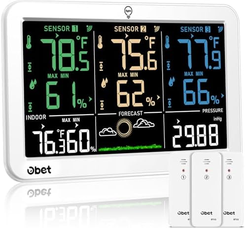 OBET Weather Station Wireless Indoor Outdoor Thermometer Wireless, Color Display Digital Temperature and Humidity Monitor with 3 Sensors, Alerts, Adjustable Backlight, USB Port (500 Feet) White
