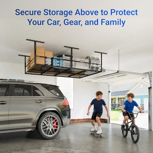 FLEXIMOUNTS 4x8ft Overhead Garage Storage Rack with Safety Rails, Black