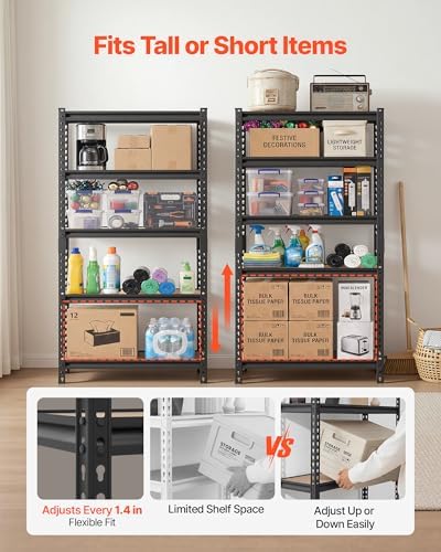 VEVOR Storage Shelves, 5-Tier Adjustable, 2000 lbs Capacity, Heavy Duty Garage Storage Shelving Unit, Metal Utility Rack Shelf, for Kitchen Pantry Basement Bathroom, 32.36" W x 16.34" D x 62.76" H