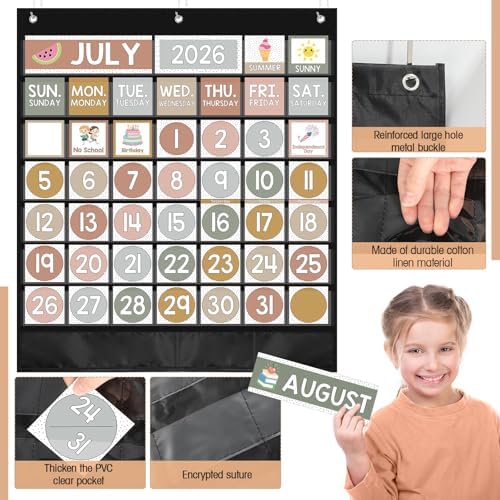 Sinload Classroom Calendar Pocket Chart Black, Boho