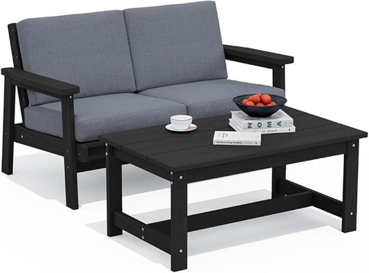 SERWALL Outdoor Loveseat, Black Frame and Grey Cushion