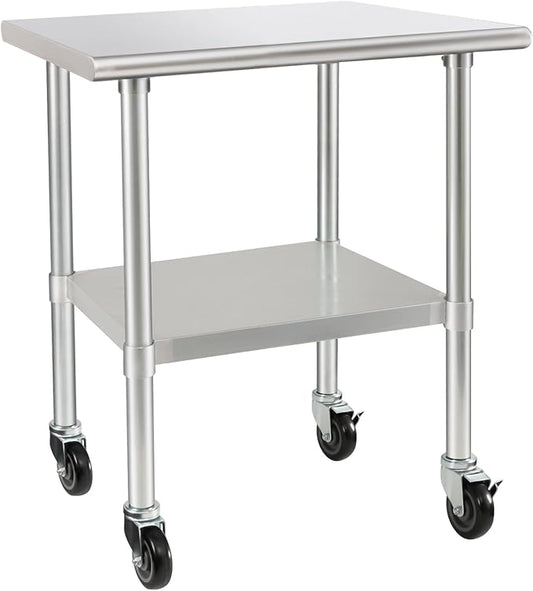 HARDURA Stainless Steel Table with Wheels 24 x 36 Inches Casters NSF Heavy Duty Commercial Work & Prep Table with Undershelf and Galvanized Legs for Restaurant Kitchen Bar and Hotel Garage