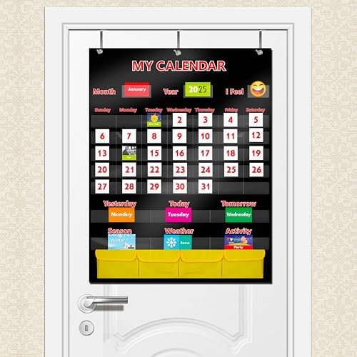 Black Calendar and Weather Pocket Chart with 148 Cards,(108 Illustrated Activity Cards, 40 Dry Erasable Flash Cards and 3 Hooks 28"x35.5")