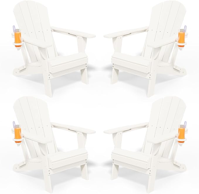 Folding Adirondack Chairs with Cup Holders, Set of 4 HDPE Plastic Outdoor Chairs, Weather Resistant, Real Wood Look, Heavy-Duty Patio Furniture for Deck, Fire Pit, Backyard, White