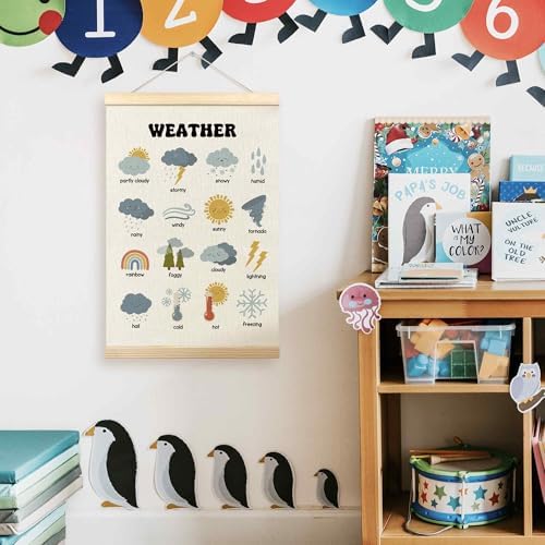 TLESKE Boho Classroom Weather Chart Preschool Poster Hanger Frame, Homeschool Hanging Wall Art Decor for Toddlers Kids Room Nursery Playroom, Prek Learning Educational Poster Print Banner, 16x24