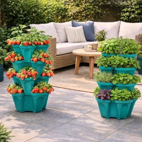 Strawberry Planter Tower, 4 Tier Stackable Vertical Planter, 16 Plant Sites, Space Saving Garden Planter, Indoor Outdoor, Made in USA (Mineral Teal, Small)