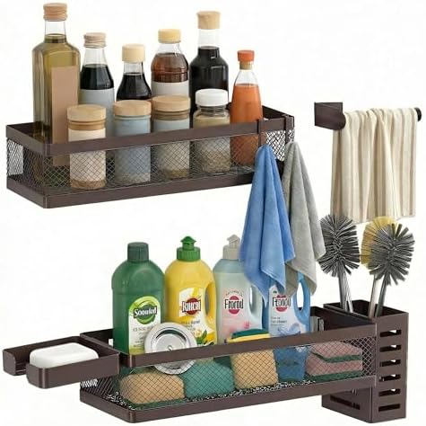 PUSDON 5-in-1 Wide Wall Mount Wrapped Mesh Kitchen Organizer & Shower Caddy Kit, with Paper Towel Holder, Utensil Holder, Soap Dish, Heavy Duty 50LBS - Vintage Bronze, Netting