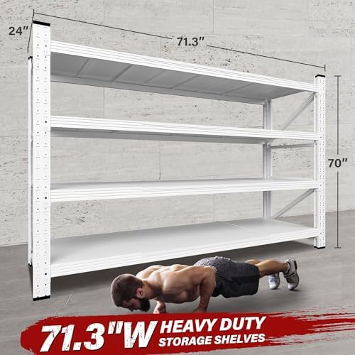 71.3" Wide Heavy Duty Garage Shelving Units,5000LBS Deep Storage Shelves,White Metal Garage Shelves,Steel Shelf,Large Storage Rack,Industrial Shelving for Shop,Warehouse,Basement,71.3"W x 24"D x 70"H