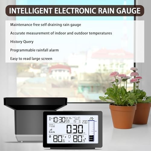 BIUWING Wireless Rain Gauge Outdoor, Self-Emptying Digital Rain Gauges Outdoors Best Rated, Electronic Rain Measure Gauge, Freeze Proof Rain Gauge with Thermometer, Remote Rain Meter for Garden
