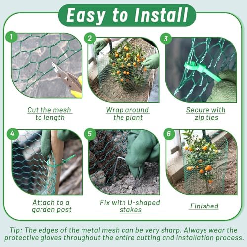 Convivium Plant Protectors from Animals, 0.8mm Free-Cut Green Chicken Wire Mesh, PVC Coated Tree Trunk Guard & Garden Fence for Outdoor Plants with Zip Ties, Stakes, Pliers, Gloves（33Ft*16In）
