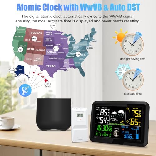 Digital Wireless Rain Gauge Outdoor, Home Weather Station Wireless Indoor Outdoor with Self-Emptying Rain Gauge, Thermometer, Barometer, Hygrometer, Atomic Clock, Weather Forecast and Alerts