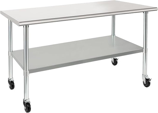 HARDURA Stainless Steel Table with Wheels 30 x 72 Inches Casters NSF Heavy Duty Commercial Prep Table with Undershelf and Galvanized Legs for Food Prep