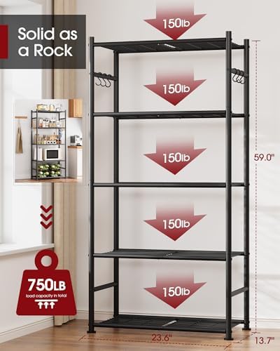 Sakugi Storage Shelves - 5-Tier Large Capacity Shelf Organizer with Hooks, Heavy-Duty Garage Shelving with Leveling Feet, Wobble-Free Rack for Bedroom, Balcony, Garage, 23.6"×13.7"×59", White