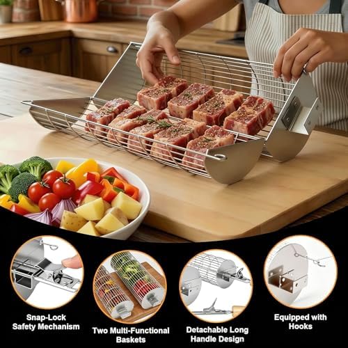 TNTOR Rolling Grill Basket, Larger 304 Stainless Steel Nesting Grilling Net, Removable Handle, BBQ Accessories Tools for Veg Shrimp, Outdoor Cooking Camping Father's Day grilling gifts for men Dad