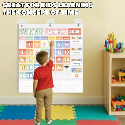 All-in-One Calendar Pocket Chart for Morning Meeting - Interactive Preschool Learning Board with Days, Dates, Months, Seasons & Weather Display (Bright Rainbow,Homeschool/Daycare)