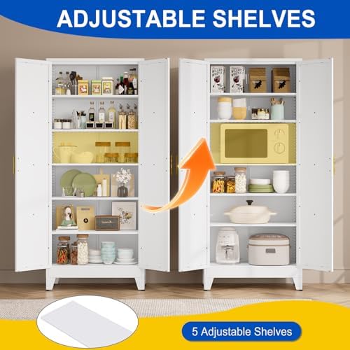 75" Metal Kitchen Pantry Storage Cabinet with 2 Doors and 5 Adjustable Shelves,White Farmhouse Pantry Cabinet,Steel Garage Tool Cabinet Freestanding Cupboard for Kitchen,Dinning Living Room