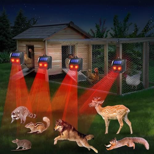 4 Pack Upgraded Solar Nocturnal Animal Repeller Outdoor, Auto Activate Red Predator Eyes Animal Deterrent Lights Sensor for Deer Raccoon Coyote Skunk Fox Control for Chicken Coop Yard Farm Protection