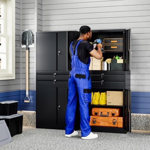 Yizosh Metal Garage Storage Cabinet with Locking Doors and Adjustable Shelves, 71" Tool Storage Cabinet with 2 Drawer for Garage,Warehouse