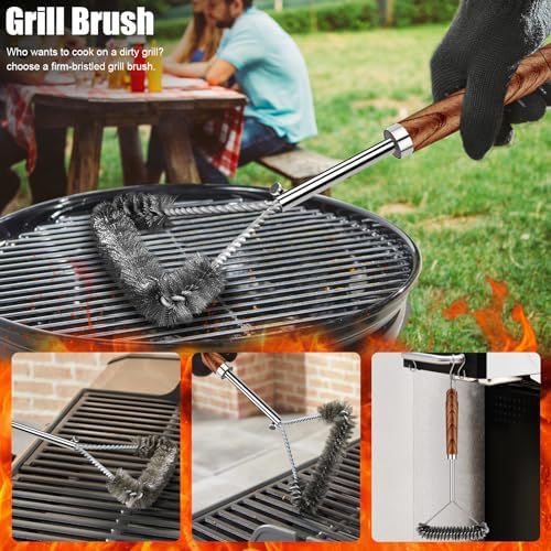 RINPIR 31pcs BBQ Grill Accessories Gifts for Men Dad, Heavy Duty Grilling Tools Gift Set for Father‘s Day, Stainless Steel BBQ Utensils Kit with Mats, Grill Brush in Carrying Bag Brown