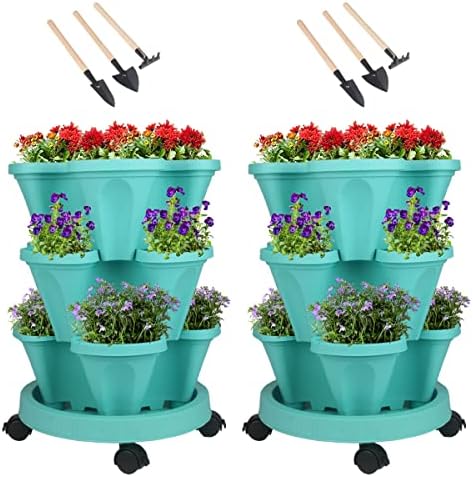 GameXcel Vertical Planter Tower - 3 Tier Stackable Garden Planters with Wheels and Tools Plant Pots for Strawberry Herb Flower and Vegetable Indoor Outdoor Use Teal 2 Pack