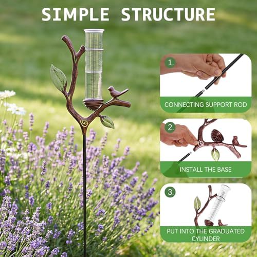 Outdoor Rain Gauge with Metal Branch Stake - 7" Freeze-Proof Water Measuring Tube - Metal Rain Measure Tool - Gardening Gifts for Women - Decorative Rainfall Tracker for Garden Yard & Lawn Decor