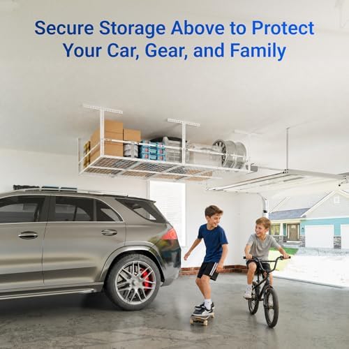 FLEXIMOUNTS 4x8ft Overhead Garage Storage Rack with Safety Rails, White