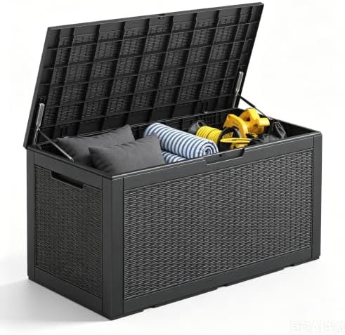 120 Gallon Deck Box,Lockable Outdoor Storage Box Gas Lift,Waterproof Black