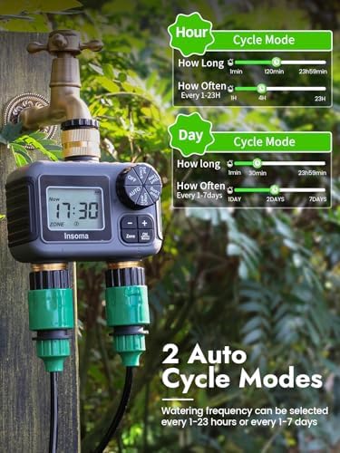 Insoma 2-Zone Water Timer Brass Inlet/Outlet, Programmable Outdoor Hose Faucet Timers with Auto/Manual Modes + Rain Delay, Waterproof Sprinkler Timer for Garden, Lawn, Yard, Pool | Save Water & Money