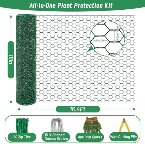 Convivium Plant Protectors from Animals, 0.8mm Free-Cut Green Chicken Wire Mesh, PVC Coated Tree Trunk Guard & Garden Fence for Outdoor Plants with Zip Ties, Stakes, Pliers, Gloves（16.4Ft*16In）